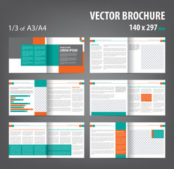 Vector empty bi-fold brochure print template design, bifold bright orange & green booklet or flyer, 12 pages - obrazy, fototapety, plakaty