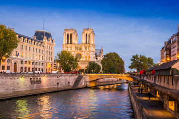 La Seine, les quais et la cathédrale Notre Dame le soir à Paris, France