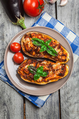 Baked eggplant with pieces of chicken