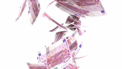 An array of five hundred euro bill notes falling through the air on an isolated white background - Powered by Adobe