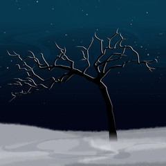 Winter landscape with white abstract snow-covered tree and fall snow. Night scenery. Vector, EPS 10