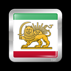 Variant Flag of Iran with Lion and Sun Emblem. Metallic Icon Squ