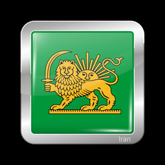 Variant Flag of Iran with Lion and Sun Emblem. Metallic Icon Squ