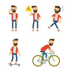 Vector characters: hipster guy doing some activities.