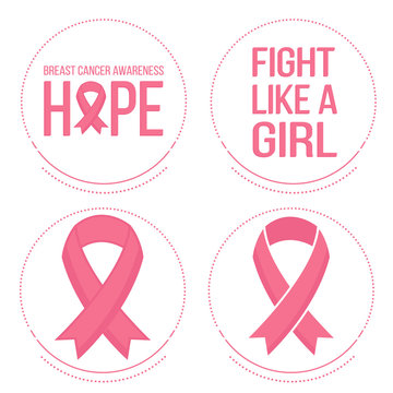 Vector set of pink ribbons symbols and badges for breast cancer