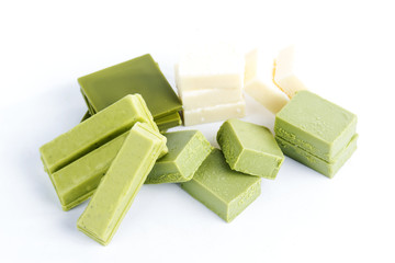 Group of powdered green tea and white chocolate