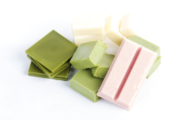 Group of green tea ,strawberry and white chocolate