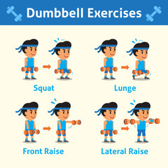 Cartoon set of a man doing dumbbell exercise step for health and fitness