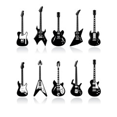 Ten guitars with reflections