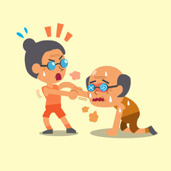 Cartoon sport old woman helping old man to run