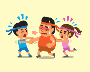 Cartoon sport people helping fat man to run