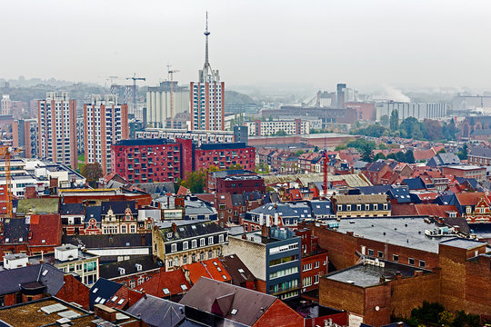 Aerial view of Leuven from university tower, in a rainy day. 