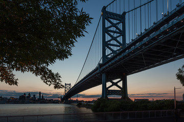 Ben Franklin Bridge at night seen from Camden, New Jersey