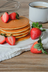 Pancake with Strawberries and Syrup, Fruit and Coffee, Fresh Breakfast