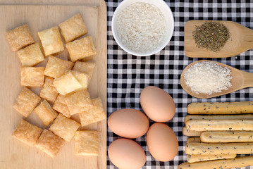 hipster style bread and snack with eggs on black and white table