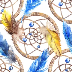 Deurstickers Dromenvanger Aquarel etnische tribal handgemaakte gele blauwe veer dream catcher naadloze patroon textuur achtergrond