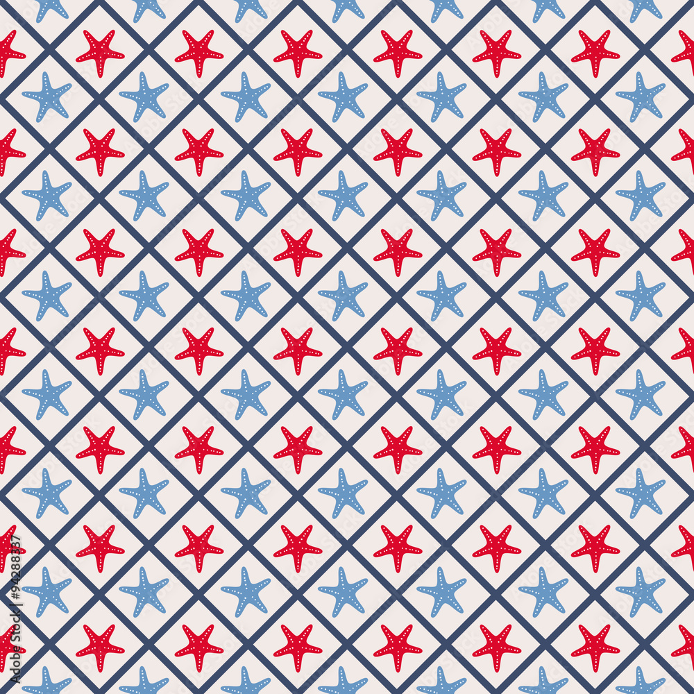 Poster seamless pattern with cross lines and starfish.