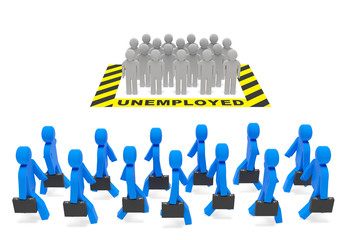Unemployment (employment) job social policy concept. Unemployed population and occupied (employed) population (job holders, workers) as symbol of job market, economic climate, jobless rate