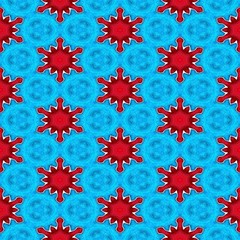 Abstract red stars or snowflakes on the frozen blue background for Christmas or winter decor made seamless