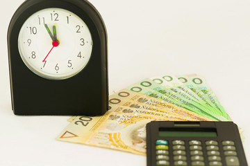 Banknotes with a calculator and a watch - obrazy, fototapety, plakaty