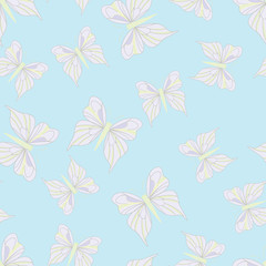 Seamless pattern with light pink butterflies on the blue background. Vintage texture. Summer backdrop. Vector illustration.