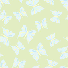 Seamless pattern with light blue butterflies on the yellow background. Vintage texture. Summer backdrop. Vector illustration.