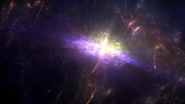 Spectacular view of a glowing cosmic pulsar in space consisting of planets, star systems, star clusters, space dust and types of interstellar clouds.