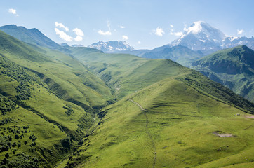 Aerial view in Greater Caucasus Mountains with Mount Kazbek, Georgia