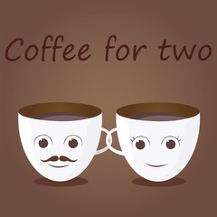 Two funny cups of coffee with inscription. Illustration flat design.