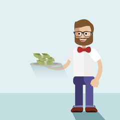 Money concept vector illustration .Businessman serving stack of banknotes on a plate.