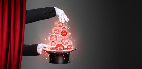 Hands of the magician and top hat on stage