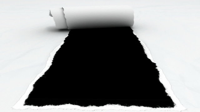 A top view of a white textured piece of paper that has a rectangular section torn out out of the middle of it revealing a black background