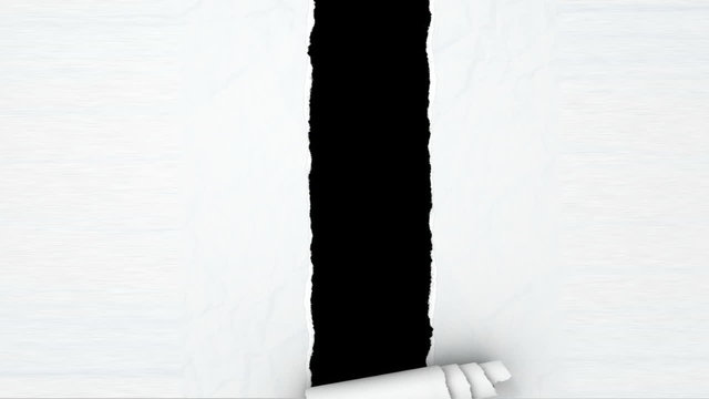 A top view of a white textured piece of paper that has a rectangular section torn out out of the middle of it revealing a black background