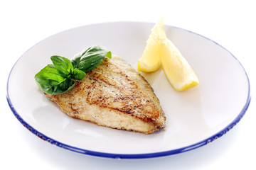 Dish of fish fillet with basil and lemon on plate isolated on white