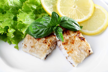 Dish of fish fillet with greens and lemon on plate close up
