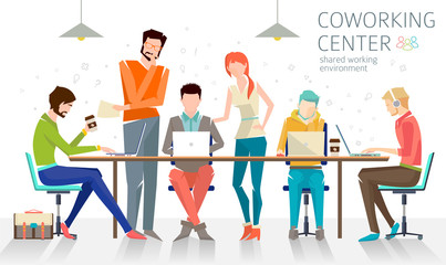Concept of the coworking center. Business meeting. Shared working environment. People talking and working  at the computers in the open space office. Flat design style.  - 94296583