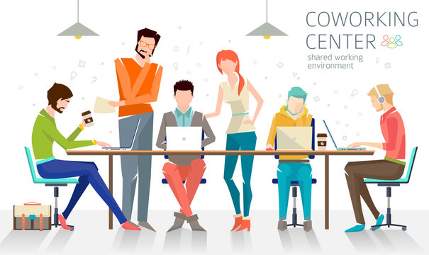 Concept of the coworking center. Business meeting. Shared working environment. People talking and working  at the computers in the open space office. Flat design style. 