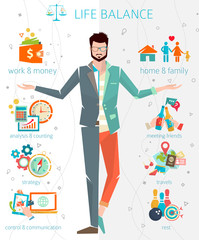 Concept of work and life balance / dividing of human energy between important life spheres / Vector illustration.  - 94296753