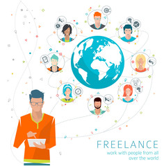 Global business concept. Communication in the global networks. Multitasking in business. Long-distance administration and management. Concept of social media network.  Vector illustration.