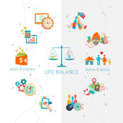 Concept of work and life balance / dividing of human energy between important life spheres / Vector illustration.  - 94296788