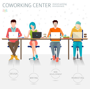 Concept of the coworking center. Shared working environment. Various people talking and working  at the computers in the open space office. Different professions are united. Flat design style. 