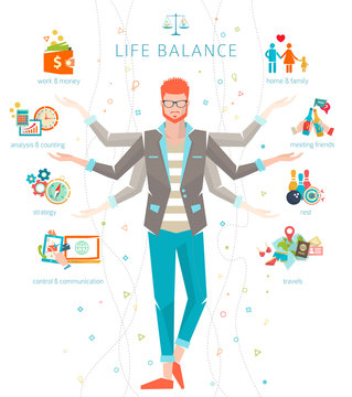 Concept of work and life balance / dividing of human energy between important life spheres / Vector illustration. 
