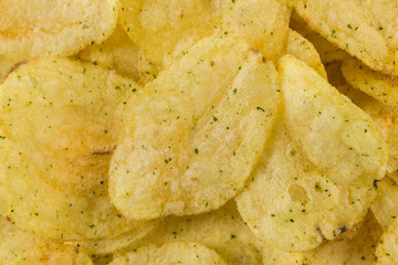 Prepared potato chips snack closeup view