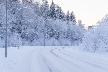 Fototapeta na wymiar Winter evening forest with road covered with snow