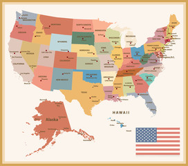 Vintage Color Political map of the USA