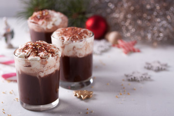 Christmas hot chocolate drink with whipped cream.