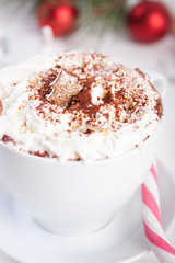 Christmas hot chocolate drink with whipped cream.
