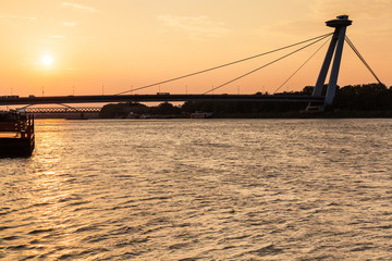 Fototapeta na wymiar SNP bridge across Danube river at yellow dawn