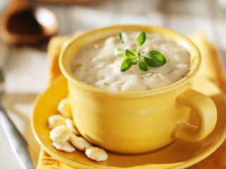 new england clam chowder with golden light