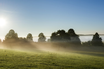 Naklejka na ściany i meble Morning landscape view across foggy meadow in Poland